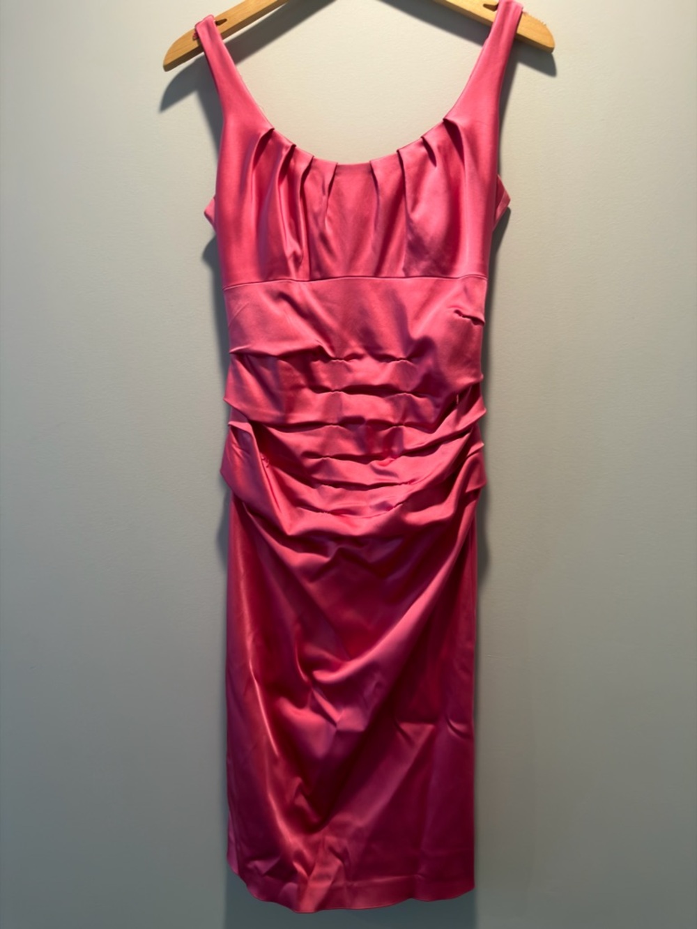 Suzi Chin Hot Pink Satin Ruched Midi Dress